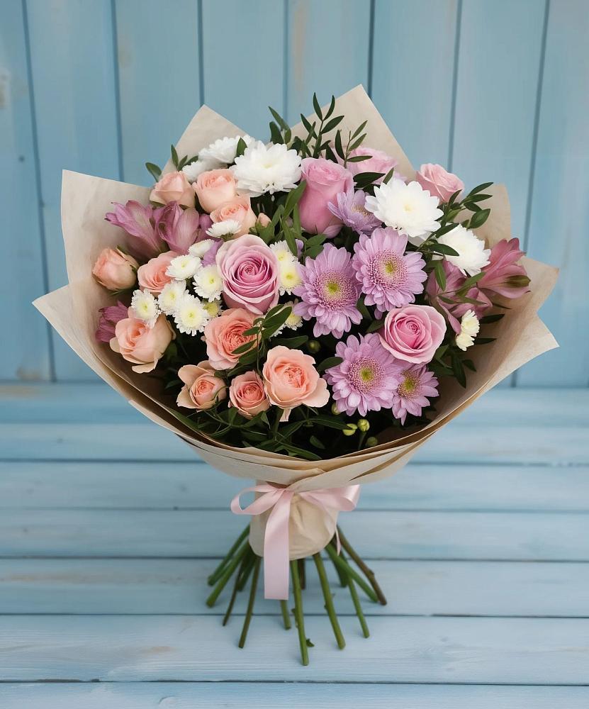 Букет цветов из: Хризантемы, Розы и Альстромерии в Голицыно