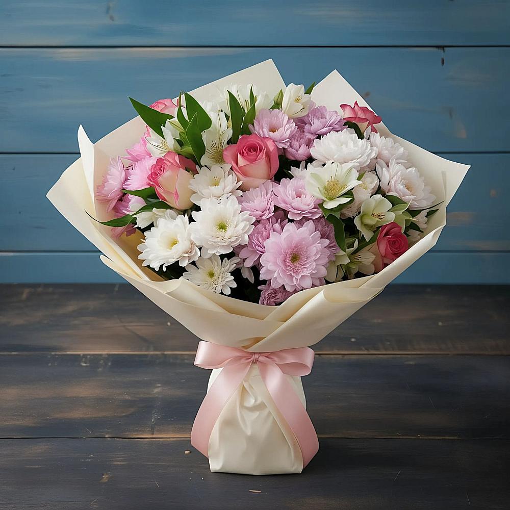 Букет цветов из: Хризантемы, Альстромерии и Розы в Голицыно